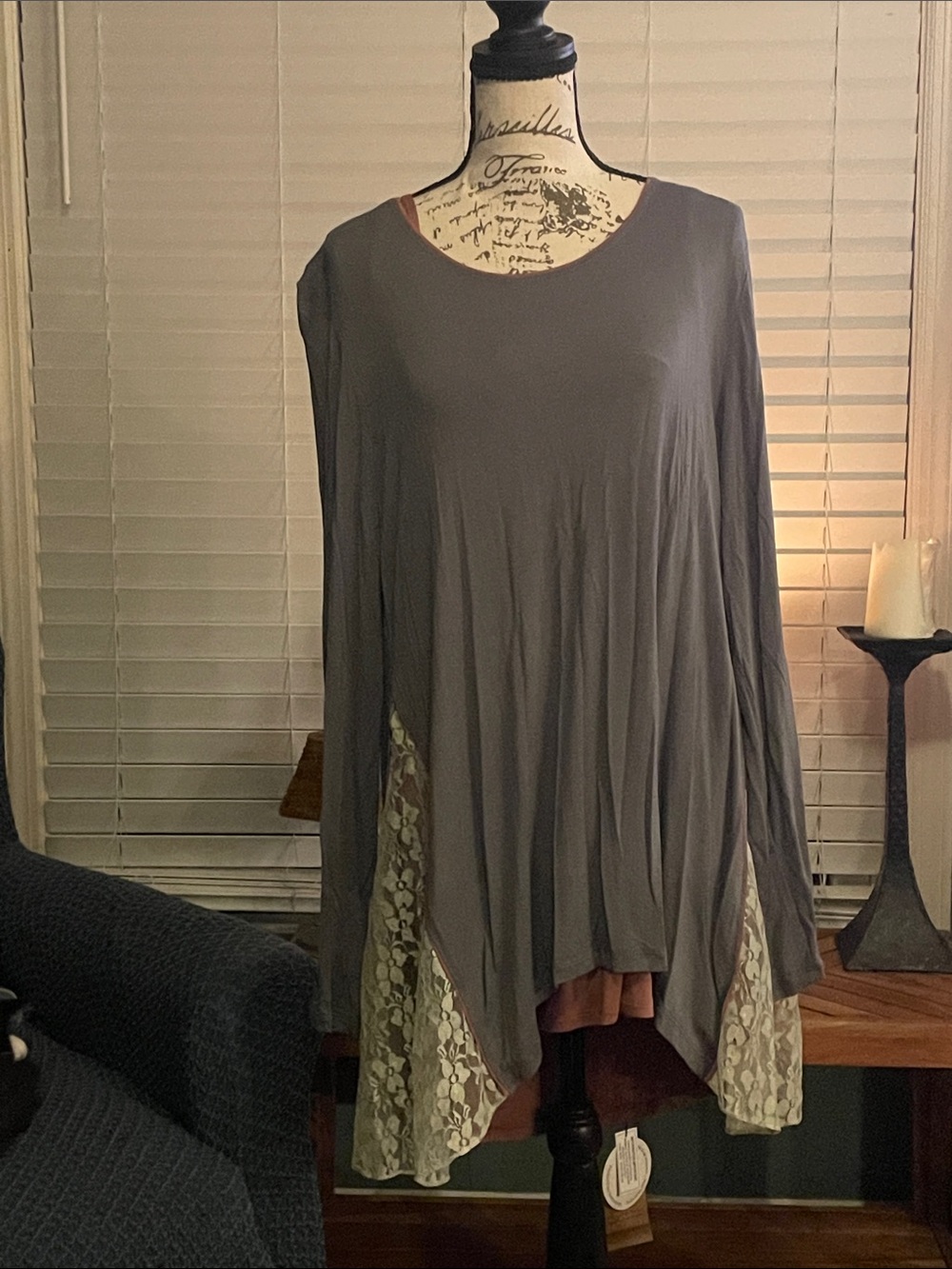 LOGO by Lori Goldstein Gray Tunic with Cream Lace Insets